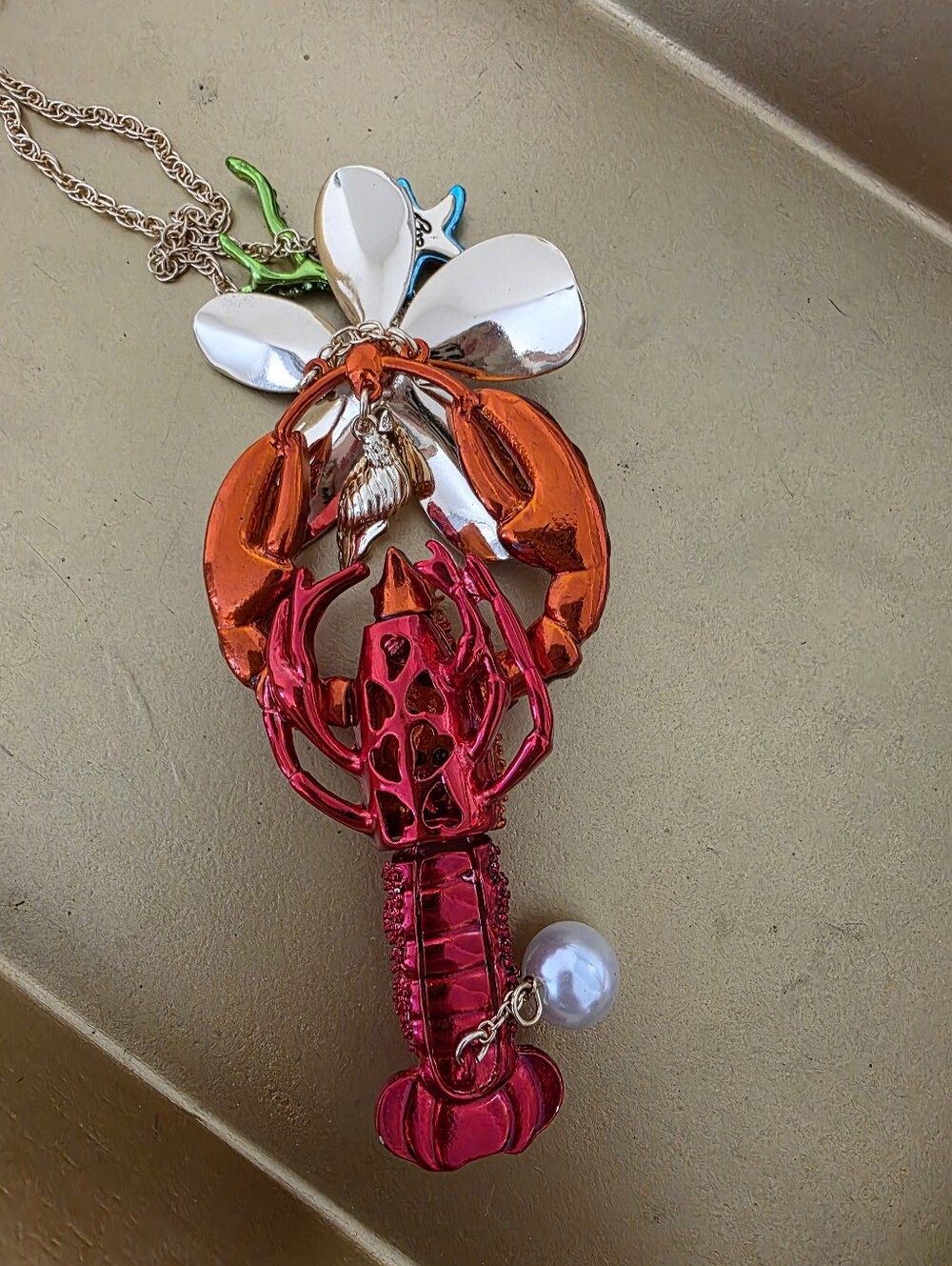 Betsey Johnson Purple Flower with Red-Orange Lobster Pendant Necklace - Picture 2 of 2